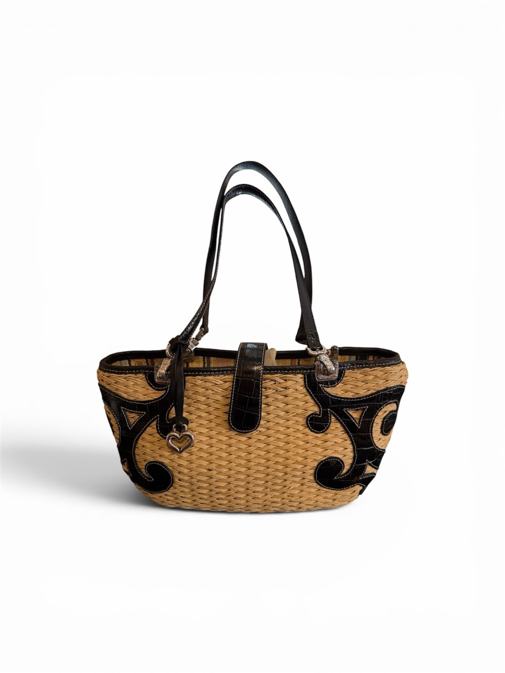 Brighton Woven Straw Bag Patent Black Leather Trim And Signature Heart Vintage